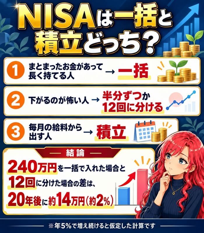 NISAは一括と積立どっち？まとまったお金があって長く持てる人は一括・下がるのが怖い人は分ける・毎月の給料から出す人は積立。240万円の差は20年後に約14万円