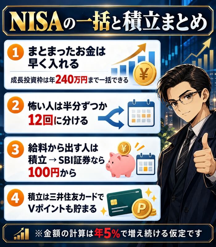 NISAの一括と積立まとめ。まとまったお金は早く入れる・怖い人は半分ずつか12回に分ける・給料から出す人はSBI証券で積立・三井住友カードでVポイントも貯まる