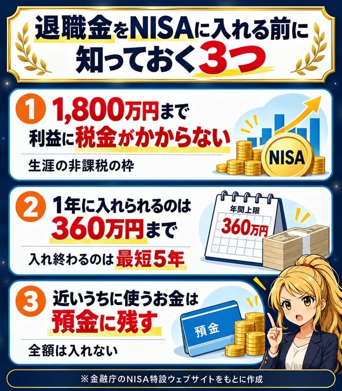 退職金をNISAに入れる前に知っておく3つ。1,800万円まで利益に税金がかからない、1年に入れられるのは360万円まで(入れ終わるのは最短5年)、近いうちに使うお金は預金に残す