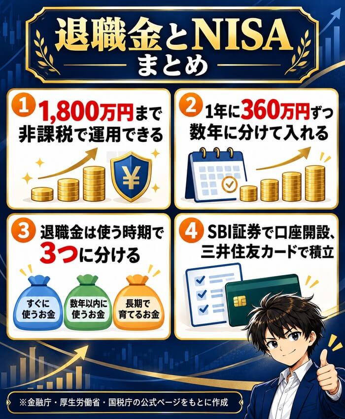 退職金とNISAのまとめ。1,800万円まで非課税で運用できる、1年に360万円ずつ数年に分けて入れる、退職金は使う時期で3つに分ける、SBI証券で口座開設・三井住友カードで積立