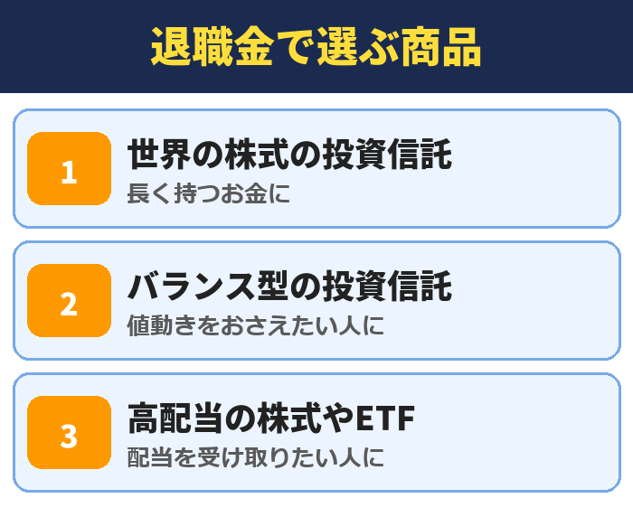 退職金で選ぶ商品。世界の株式の投資信託(長く持つお金に)、バランス型の投資信託(値動きをおさえたい人に)、高配当の株式やETF(配当を受け取りたい人に)