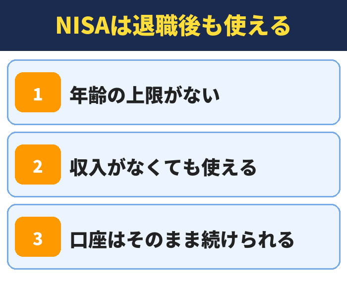 NISAは退職後も使える。年齢の上限がない、収入がなくても使える、口座はそのまま続けられる
