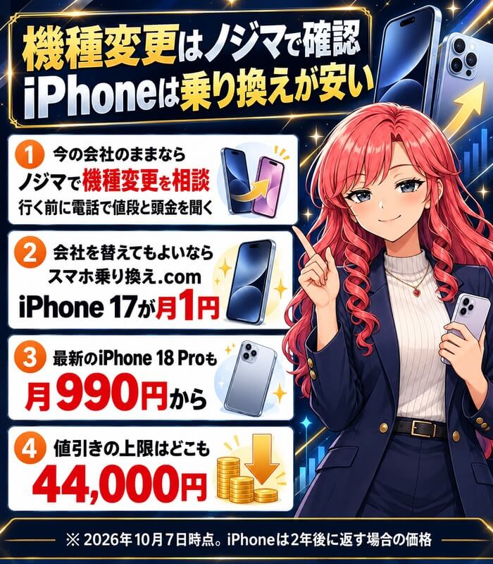 機種変更はノジマで確認、iPhoneは乗り換えが安い。今の会社のままならノジマで機種変更を相談(行く前に電話で値段と頭金を聞く)、会社を替えてもよいならスマホ乗り換え.com(iPhone 17が月1円)、最新のiPhone 18 Proも月990円から、値引きの上限はどこも44,000円