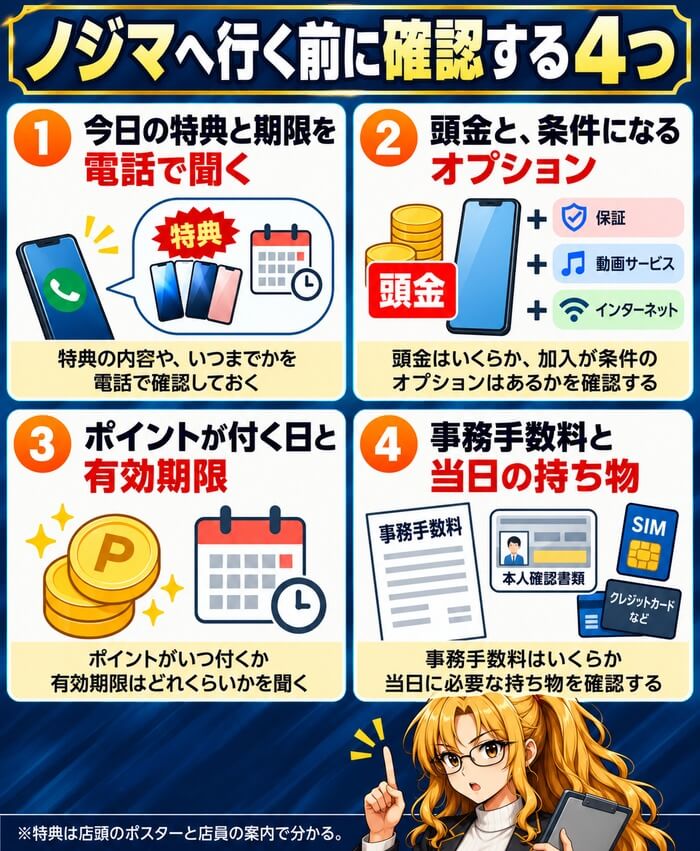 ノジマへ行く前に確認する4つ。今日の特典と期限を電話で聞く、頭金と条件になるオプション、ポイントが付く日と有効期限、事務手数料と当日の持ち物