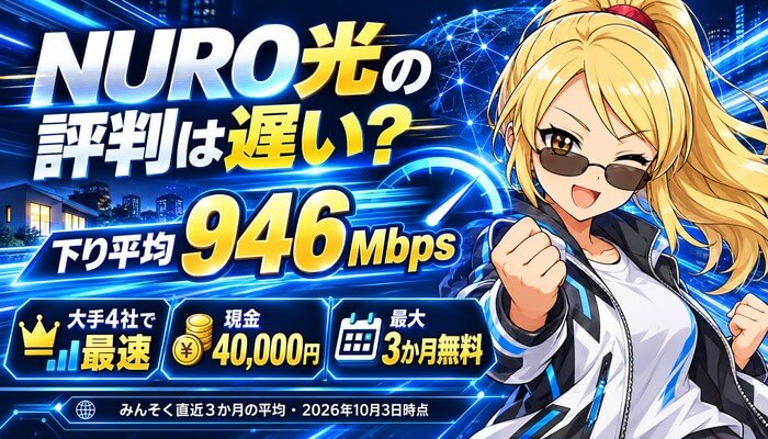NURO光の評判は遅い？下り平均946Mbpsで大手4社で最速。現金40,000円、最大3か月無料
