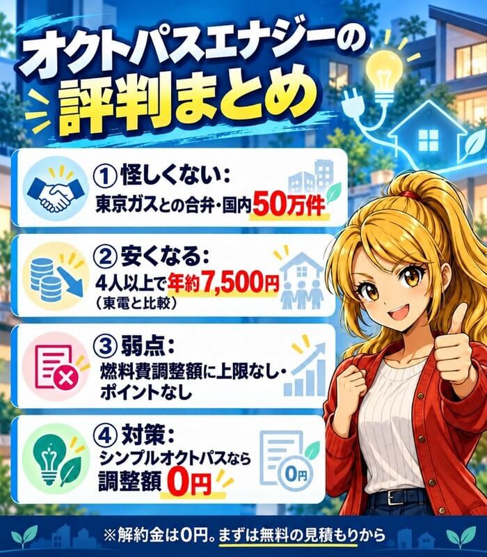 オクトパスエナジーの評判まとめ(怪しくない・4人以上で年約7,500円安くなる・弱点・対策)