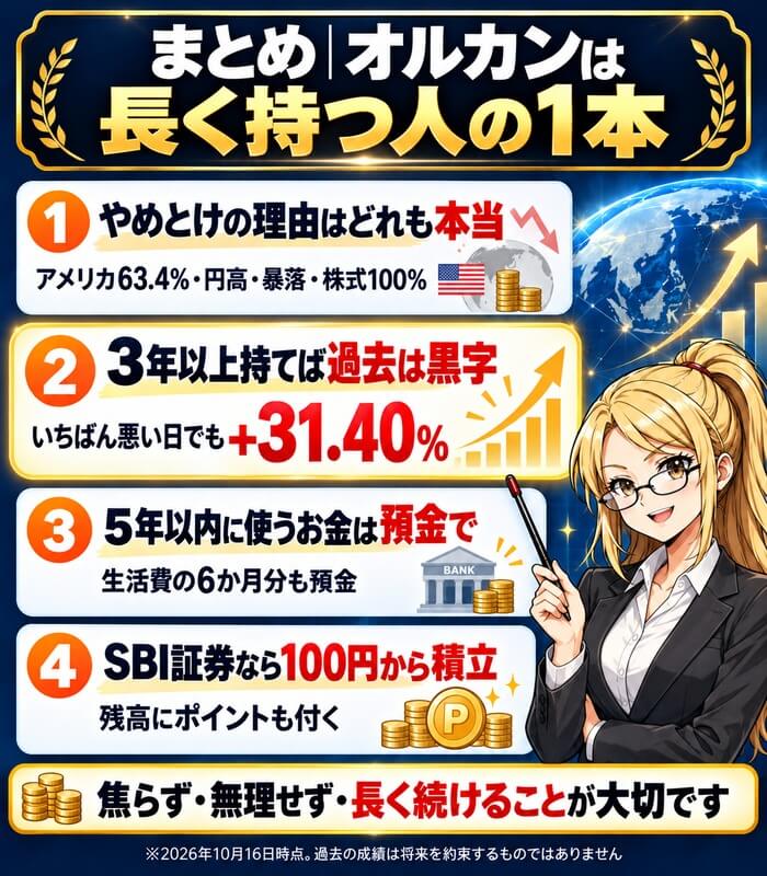 まとめ。オルカンは長く持つ人の1本。やめとけの理由はどれも本当（アメリカ63.4%・円高・暴落・株式100%）、3年以上持てば過去は黒字（いちばん悪い日でも＋31.40%）、5年以内に使うお金は預金で、SBI証券なら100円から積立
