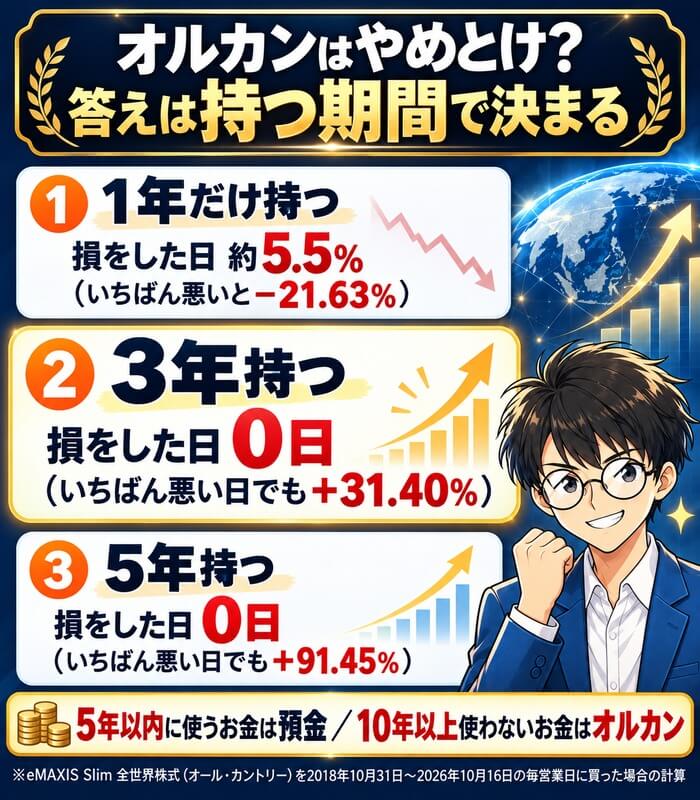 オルカンはやめとけ？答えは持つ期間で決まる。1年だけ持つと損をした日は約5.5%、3年持つと損をした日は0日（いちばん悪い日でも＋31.40%）、5年持つと0日（＋91.45%）。5年以内に使うお金は預金、10年以上使わないお金はオルカン