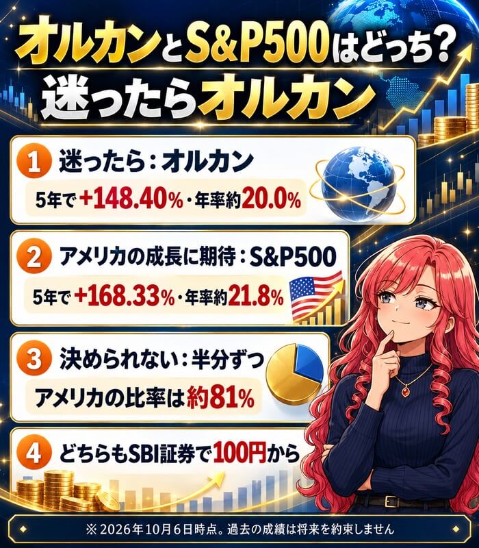 オルカンとS&P500はどっち?迷ったらオルカン。迷ったらオルカン(5年で+148.40%・年率約20.0%)、アメリカの成長に期待するならS&P500(5年で+168.33%・年率約21.8%)、決められないなら半分ずつ(アメリカの比率は約81%)、どちらもSBI証券で100円から