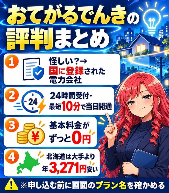 おてがるでんきの評判まとめ。国に登録された電力会社、24時間受付・最短10分で当日開通、基本料金0円、北海道は大手より年3,271円安い