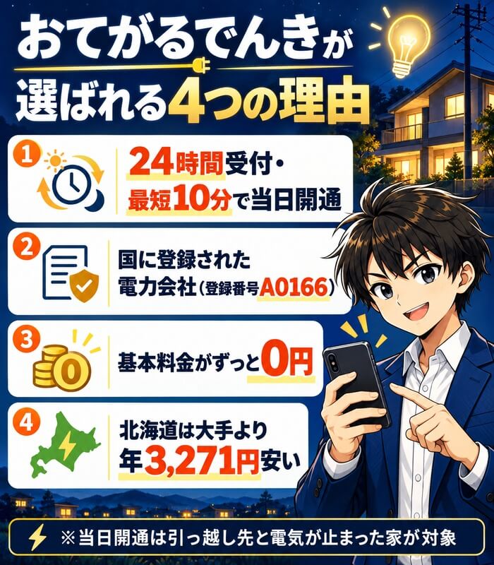 おてがるでんきが選ばれる4つの理由。24時間受付・最短10分で当日開通、国に登録された電力会社、基本料金0円、北海道は大手より年3,271円安い