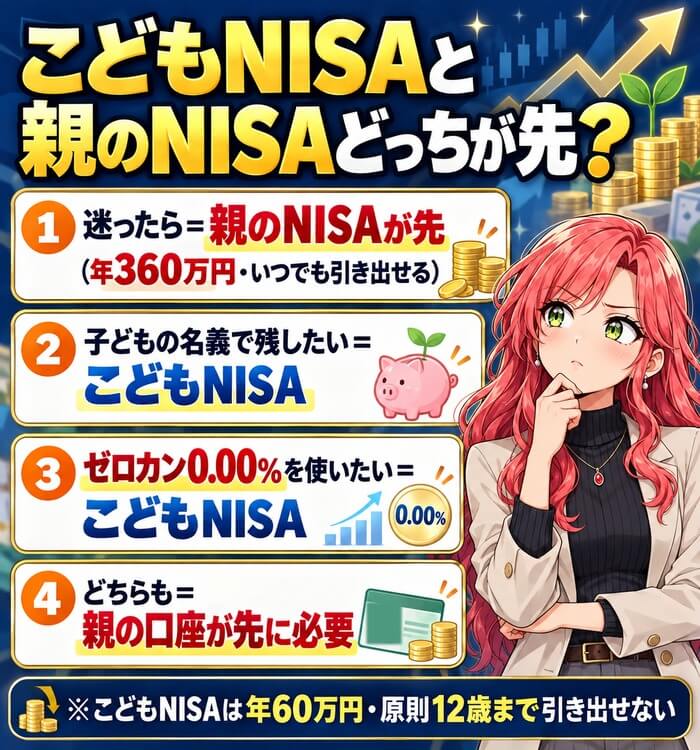こどもNISAと親のNISAどっちが先？（迷ったら親のNISAが先・子どもの名義で残したいならこどもNISA・ゼロカンを使いたいならこどもNISA）
