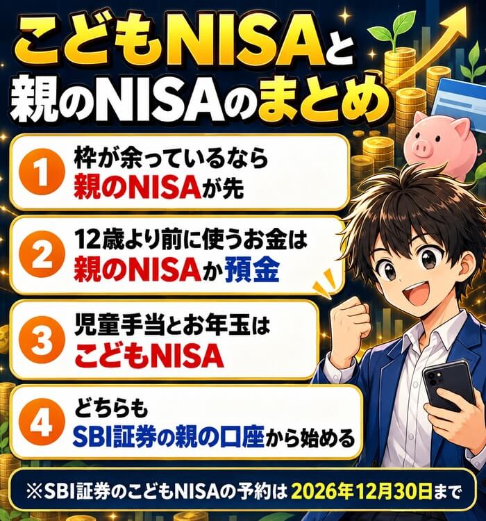 こどもNISAと親のNISAのまとめ（枠が余っているなら親のNISAが先・12歳より前に使うお金は親のNISAか預金・児童手当とお年玉はこどもNISA）