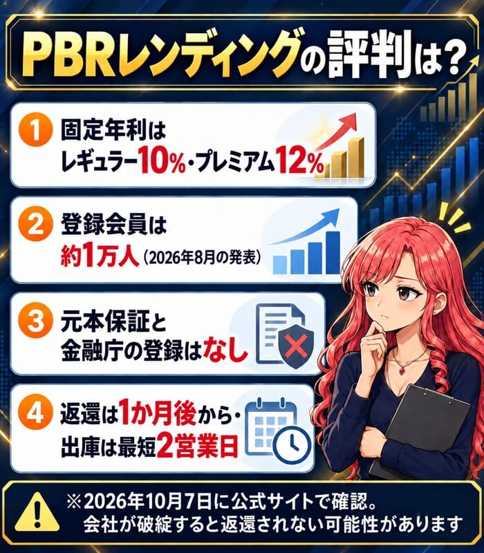 PBRレンディングの評判は?固定年利はレギュラー10%・プレミアム12%、登録会員は約1万人(2026年8月の発表)、元本保証と金融庁の登録はなし、返還は1か月後から・出庫は最短2営業日。会社が破綻すると返還されない可能性があります