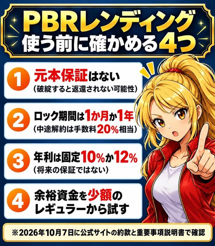 PBRレンディングを使う前に確かめる4つ。元本保証はない(破綻すると返還されない可能性)、ロック期間は1か月か1年(中途解約は手数料20%相当)、年利は固定10%か12%(将来の保証ではない)、余裕資金を少額のレギュラーから試す