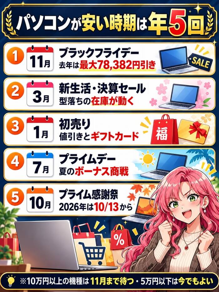 パソコンが安い時期は年5回。11月のブラックフライデー、3月の新生活・決算セール、1月の初売り、7月のプライムデー、10月のプライム感謝祭