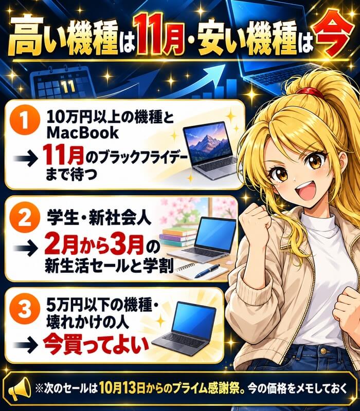 パソコンを買う時期のまとめ。10万円以上の機種とMacBookは11月のブラックフライデーまで待つ、学生・新社会人は2月から3月、5万円以下の機種と壊れかけの人は今買ってよい