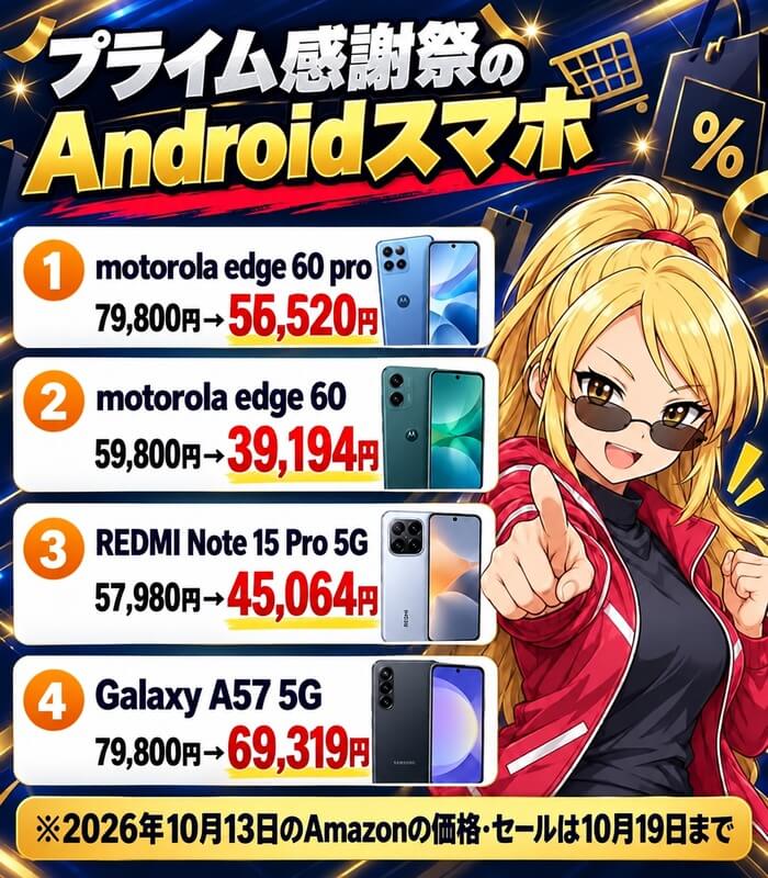 Amazonプライム感謝祭のAndroidスマホ。motorola edge 60 proが79,800円から56,520円、motorola edge 60が59,800円から39,194円、REDMI Note 15 Pro 5Gが57,980円から45,064円、Galaxy A57 5Gが79,800円から69,319円。セールは10月19日まで