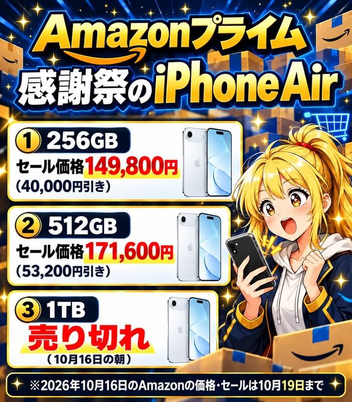 Amazonプライム感謝祭のiPhone。iPhone Airの256GBが40,000円引きの149,800円、512GBが53,200円引きの171,600円、1TBは10月16日の朝に売り切れ。セールは10月19日まで
