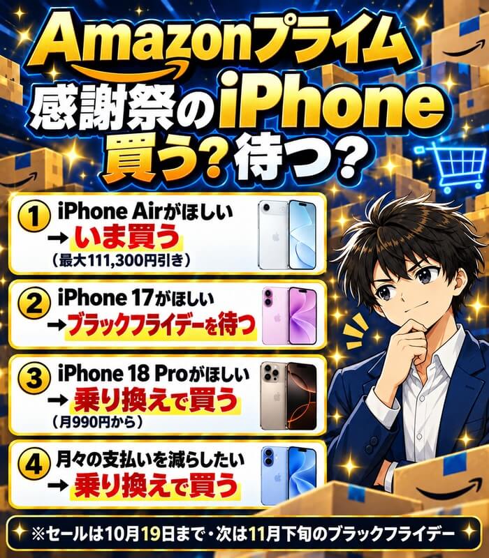 Amazonプライム感謝祭のiPhoneは買う?待つ?iPhone Airがほしい人はいま買う(最大111,300円引き)、iPhone 17がほしい人はブラックフライデーを待つ、iPhone 18 Proと月々の支払いを減らしたい人は乗り換え。セールは10月19日まで