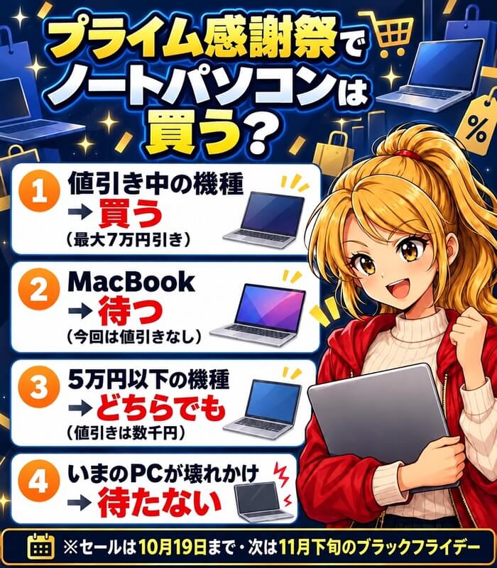 Amazonプライム感謝祭でノートパソコンは買う?値引き中の機種は買う(最大7万円引き)、MacBookは待つ(今回は値引きなし)、5万円以下の機種はどちらでも、いまのPCが壊れかけなら待たない。セールは10月19日まで