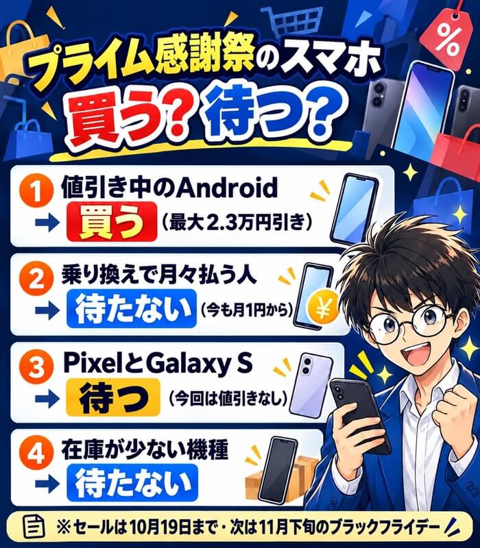 Amazonプライム感謝祭のスマホ 買う?待つ?値引き中のAndroidは買う(最大2.3万円引き)、乗り換えで月々払う人は待たない、PixelとGalaxy Sは待つ(今回は値引きなし)、在庫が少ない機種は待たない。セールは10月19日まで