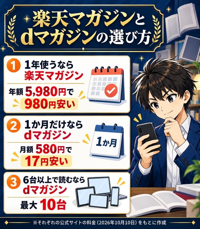 楽天マガジンとdマガジンの選び方。1年使うなら楽天マガジンが980円安い、1か月だけならdマガジンが17円安い、6台以上で読むならdマガジン(最大10台)