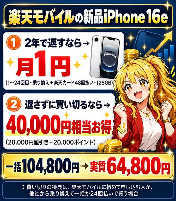 楽天モバイルの新品iPhone 16e。2年で返すなら月1円、返さずに買い切るなら40,000円相当お得で一括104,800円が実質64,800円