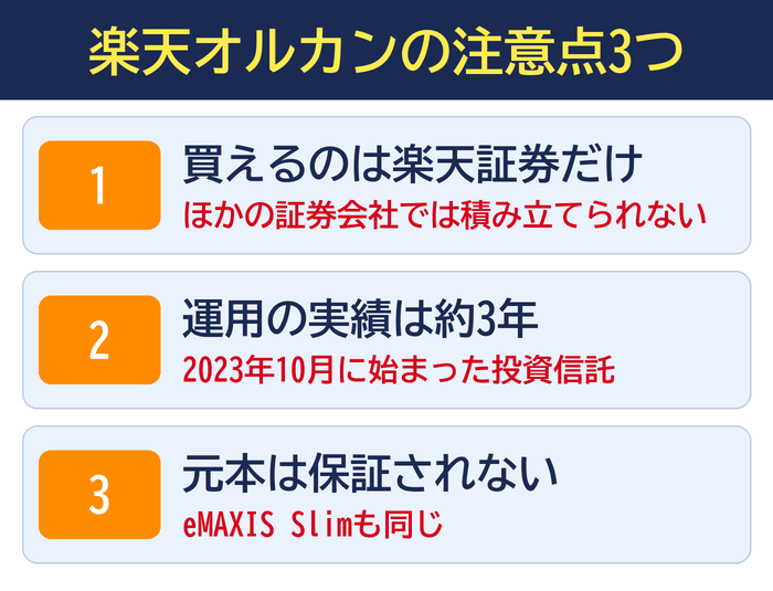 楽天オルカンの注意点3つ。買えるのは楽天証券だけ、運用の実績は約3年、元本は保証されない