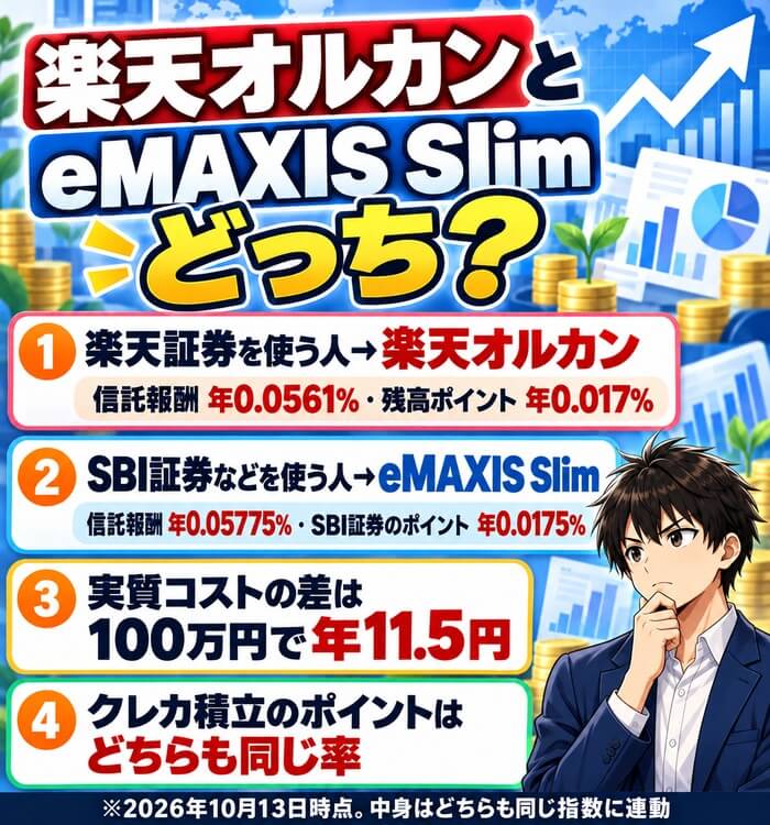 楽天オルカンとeMAXIS Slimはどっち?楽天証券を使う人は楽天オルカン(信託報酬 年0.0561%・残高ポイント 年0.017%)、SBI証券などを使う人はeMAXIS Slim(信託報酬 年0.05775%・SBI証券のポイント 年0.0175%)、実質コストの差は100万円で年11.5円、クレカ積立のポイントはどちらも同じ率
