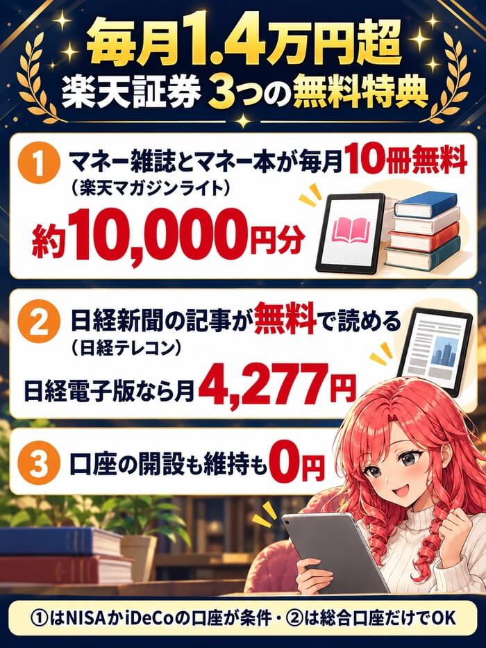楽天証券の3つの無料特典。マネー雑誌とマネー本が毎月10冊無料、日経新聞の記事が日経テレコンで無料、口座の開設も維持も0円