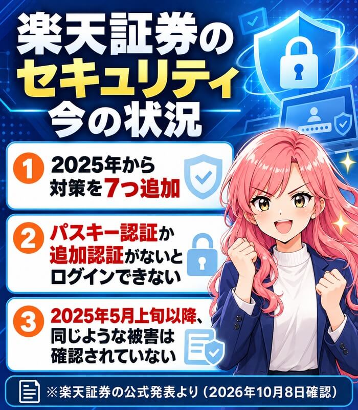 楽天証券のセキュリティの今の状況。2025年から対策を7つ追加、パスキー認証か追加認証がないとログインできない、2025年5月上旬以降は同じような被害が確認されていない