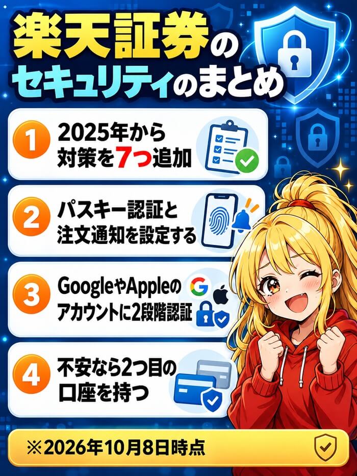 楽天証券のセキュリティのまとめ。2025年から対策を7つ追加、パスキー認証と注文通知を設定する、GoogleやAppleのアカウントも守る、不安なら2つ目の口座を持つ