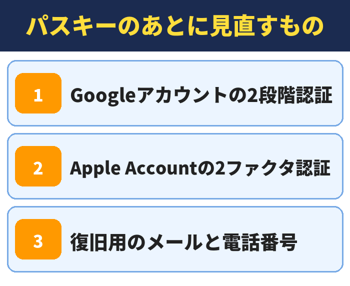 パスキーのあとに見直すもの。Googleアカウントの2段階認証、Apple Accountの2ファクタ認証、復旧用のメールと電話番号