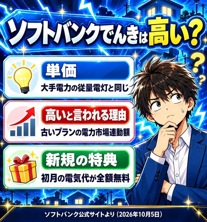 ソフトバンクでんきは高い？単価は大手電力の従量電灯と同じ、高いと言われる理由は古いプランの電力市場連動額、新規の特典は初月の電気代が全額無料
