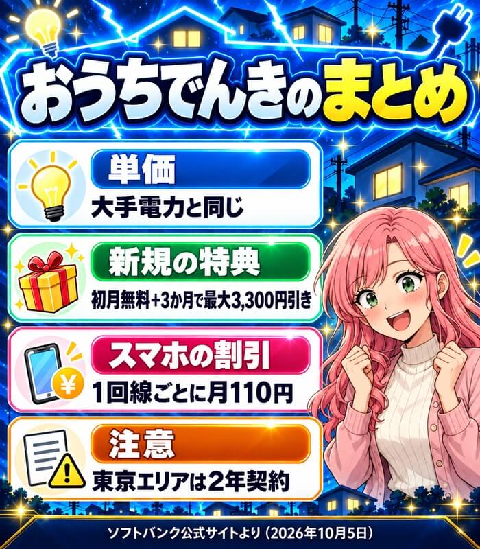 おうちでんきのまとめ。単価は大手電力と同じ、新規の特典は初月無料＋3か月で最大3,300円引き、スマホの割引は1回線ごとに月110円、東京エリアは2年契約