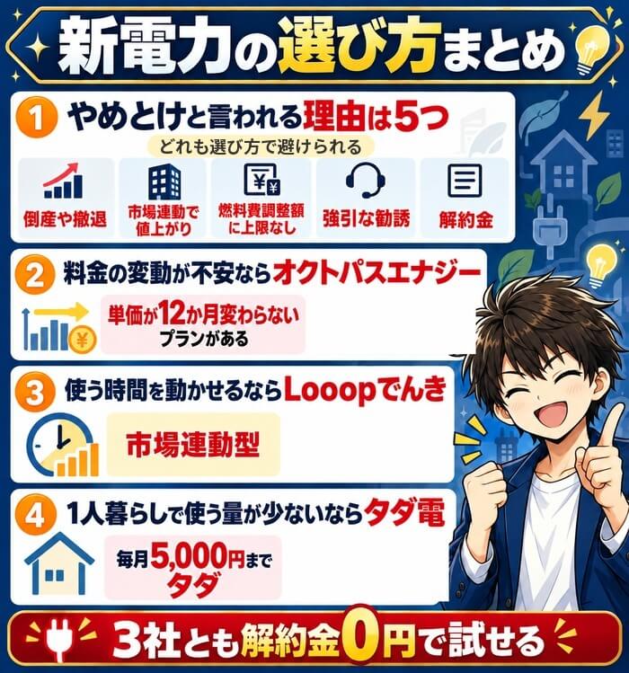 新電力の選び方まとめ(やめとけと言われる理由は5つ・料金の変動が不安ならオクトパスエナジー・使う時間を動かせるならLooopでんき・1人暮らしで使う量が少ないならタダ電・3社とも解約金0円で試せる)