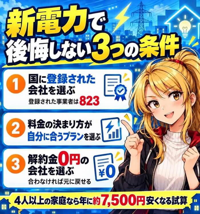新電力で後悔しない3つの条件(国に登録された会社・料金の決まり方が合うプラン・解約金0円)。4人以上の家庭なら年に約7,500円安くなる試算