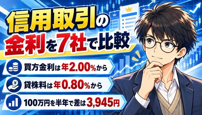 信用取引の金利を7社で比較。買方金利は年2.00%から、貸株料は年0.80%から、100万円を半年で差は3,945円