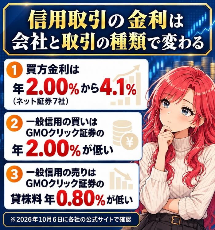 信用取引の金利は会社と取引の種類で変わる。買方金利は年2.00%から4.1%（ネット証券7社）。一般信用の買いはGMOクリック証券の年2.00%が低い。一般信用の売りはGMOクリック証券の貸株料 年0.80%が低い。2026年10月6日に各社の公式サイトで確認
