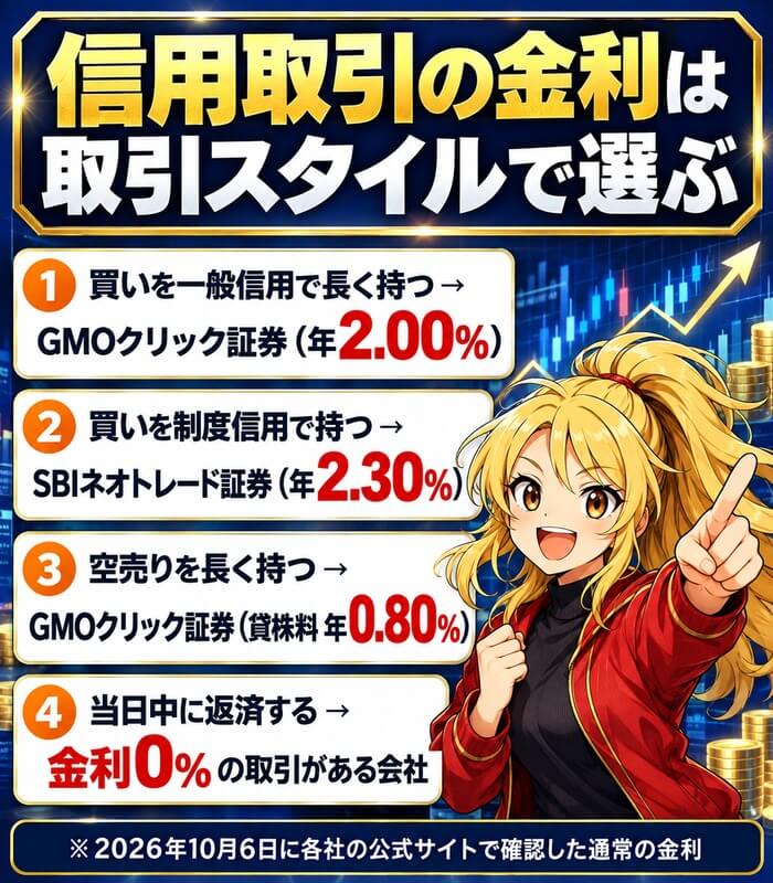 信用取引の金利は取引スタイルで選ぶ。買いを一般信用で長く持つならGMOクリック証券（年2.00%）、買いを制度信用で持つならSBIネオトレード証券（年2.30%）、空売りを長く持つならGMOクリック証券（貸株料 年0.80%）、当日中に返済するなら金利0%の取引がある会社。2026年10月6日に各社の公式サイトで確認した通常の金利