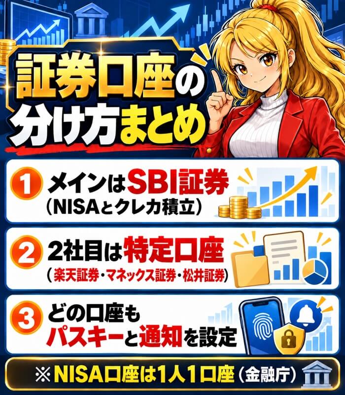 証券口座の分け方まとめ。メインはSBI証券(NISAとクレカ積立)、2社目は特定口座(楽天証券・マネックス証券・松井証券)、どの口座もパスキーと通知を設定