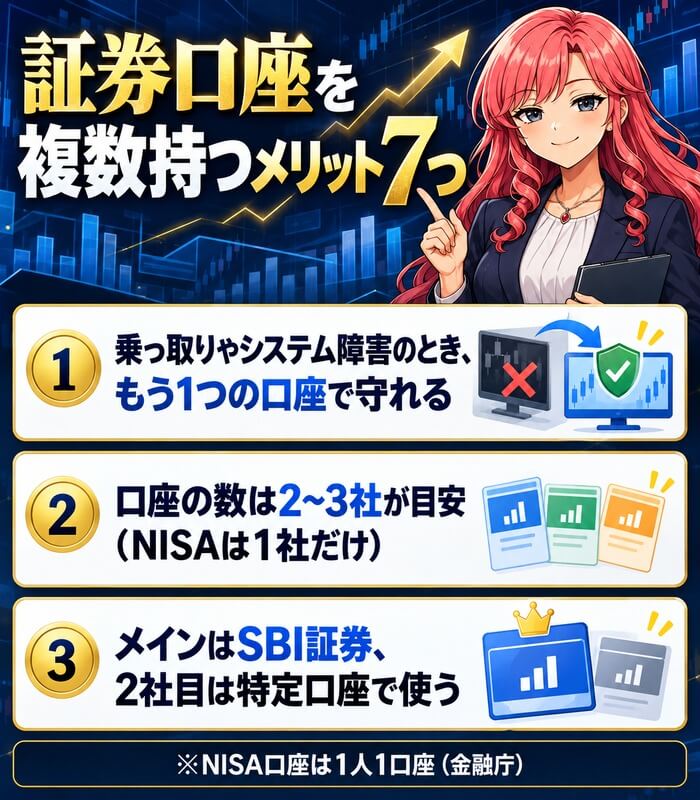 証券口座を複数持つメリット7つ。乗っ取りやシステム障害のときもう1つの口座で守れる、口座の数は2〜3社が目安(NISAは1社だけ)、メインはSBI証券で2社目は特定口座で使う