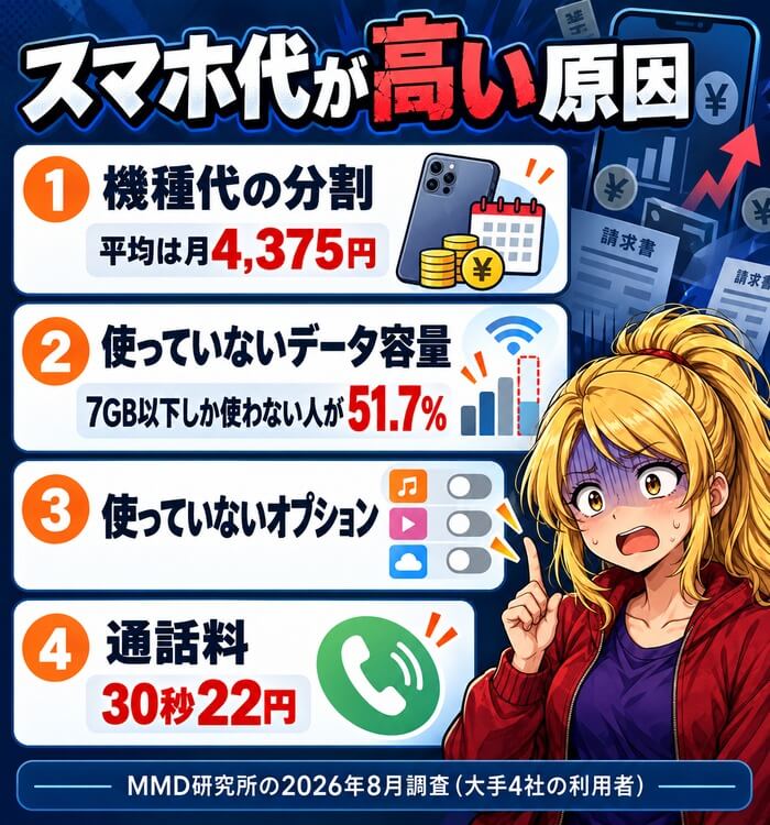 スマホ代が高い原因(機種代の分割は平均月4,375円・7GB以下しか使わない人が51.7%・使っていないオプション・通話料は30秒22円)MMD研究所の2026年8月調査