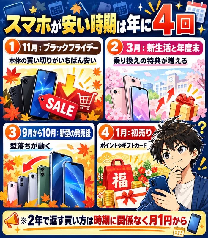 スマホが安い時期は年に4回。11月のブラックフライデー、3月の新生活、9月から10月の型落ち、1月の初売り