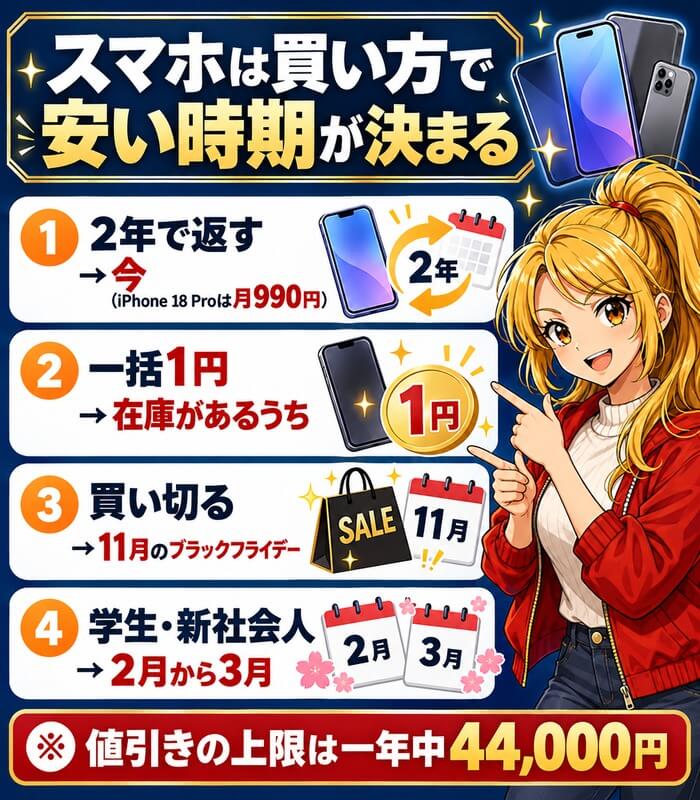 スマホが安い時期のまとめ。2年で返すなら今、一括1円は在庫があるうち、買い切るなら11月、学生と新社会人は2月から3月。値引きの上限は一年中44,000円
