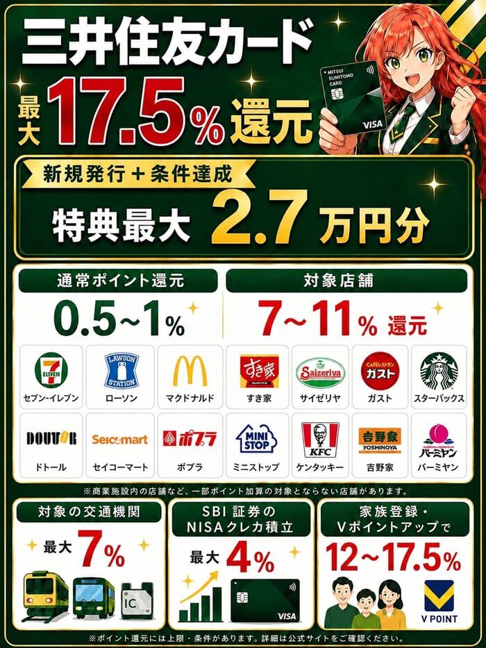 三井住友カードは最大17.5%還元・新規発行+条件達成で特典最大2.7万円分