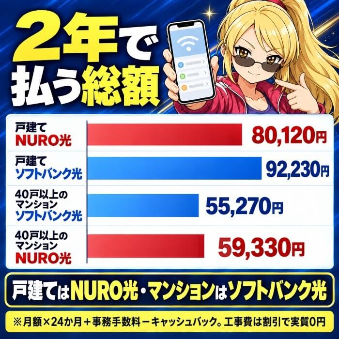 2年総額の棒グラフ。戸建てはNURO光80,120円・ソフトバンク光92,230円、40戸以上のマンションはソフトバンク光55,270円・NURO光59,330円