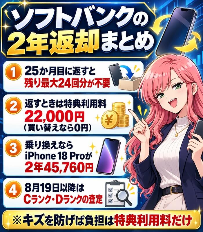 ソフトバンクの2年返却まとめ。乗り換えならiPhone 18 Proが2年45,760円、返すときは特典利用料22,000円、8月19日以降はCランク・Dランクの査定、キズを防いで0円で返す