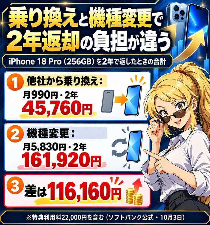ソフトバンクの2年返却は乗り換えと機種変更で負担が違う。iPhone 18 Proは乗り換えなら2年45,760円、機種変更なら2年161,920円